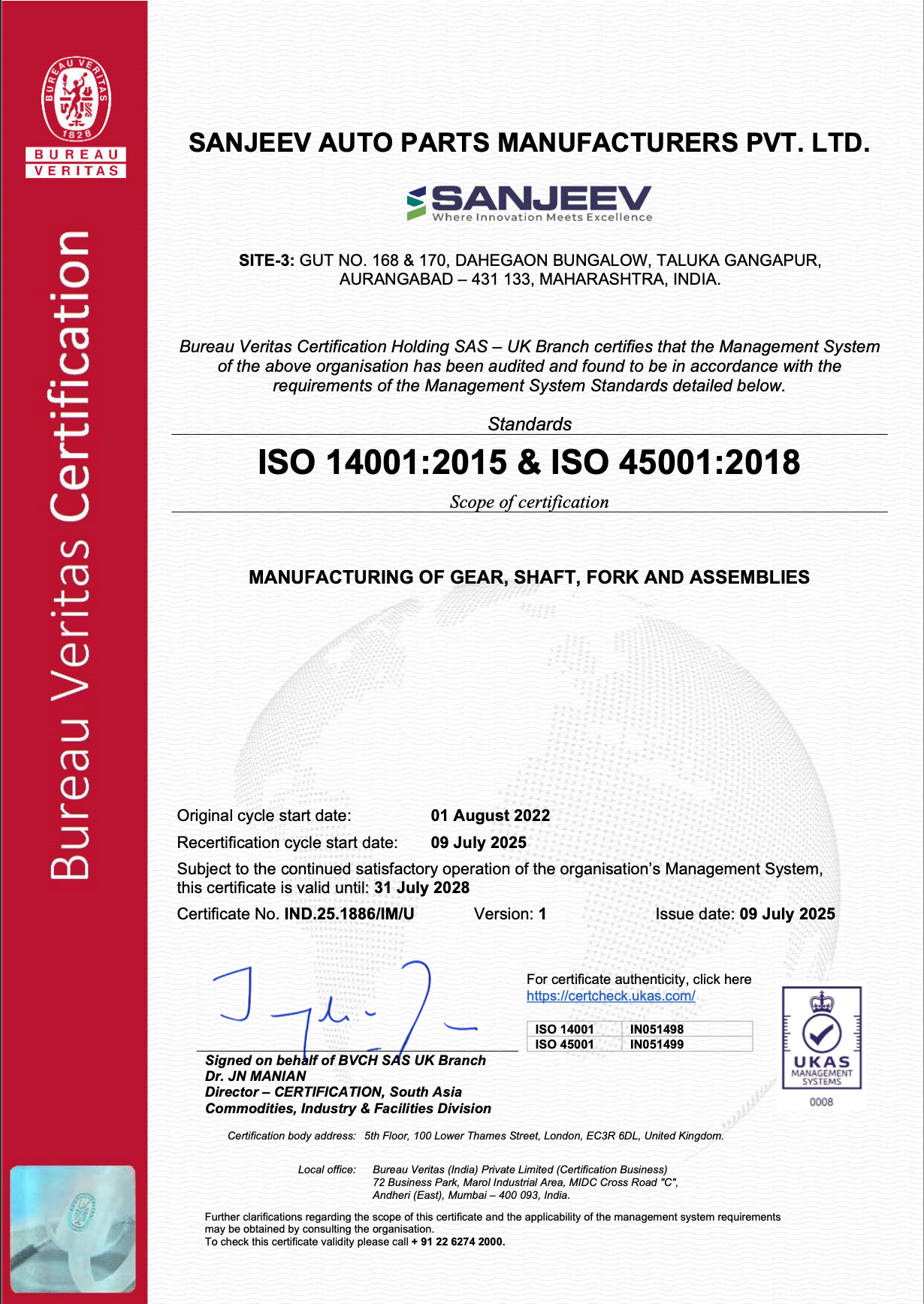 ISO 14001:2015 + ISO 45001:2018 - Site – G168